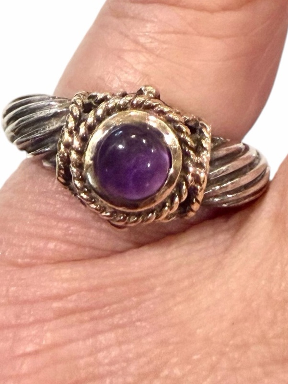 Vintage CNA Sterling Silver 14K Yellow Gold Amethyst Cable Ring Size 4.75